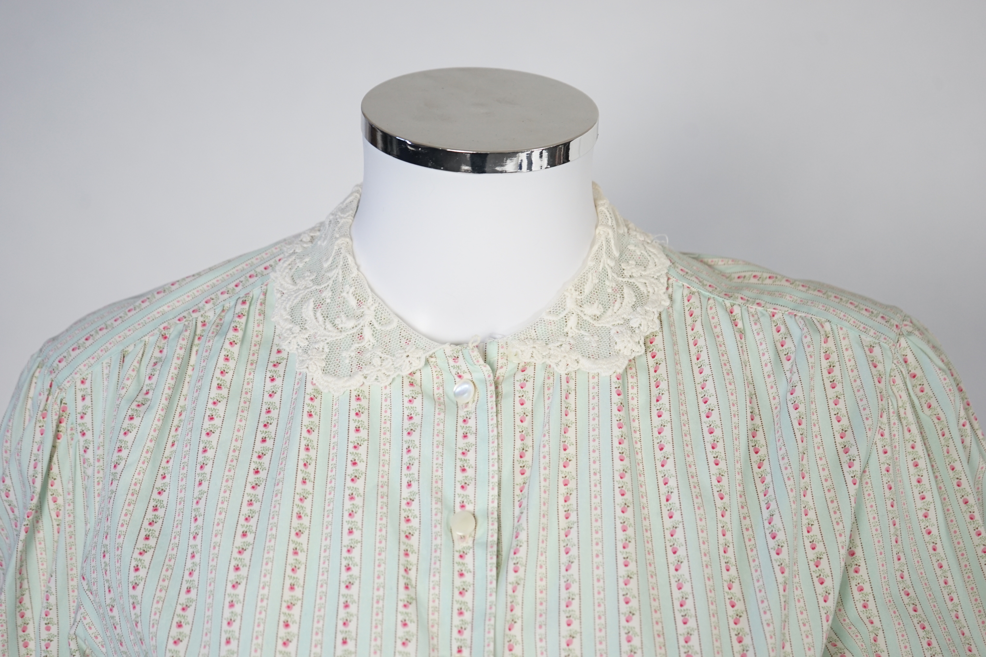 Two Ralph Lauren cotton blouses with lace detail, cream size 10, floral stripe size 8